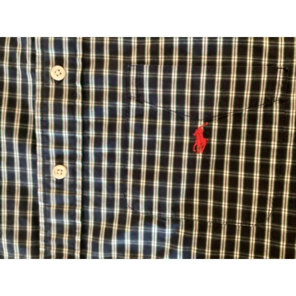 Ralph Lauren Boys Blue White Plaid S Sleeve Button Up Shirt Size XL Red Pony Vtg